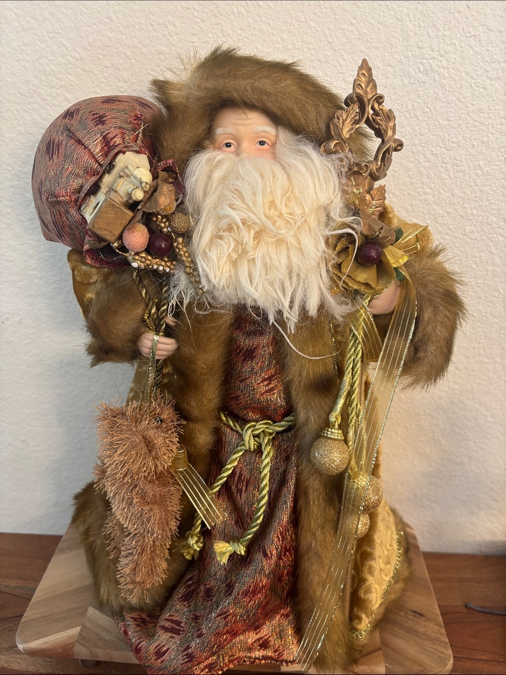 Vintage-Inspired golden color Fur Santa Figurine Holiday Decor